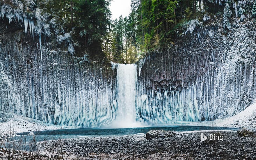 Ice sticking to the columnar basalt walls surrounding Abiqua Falls, Oregon, USA