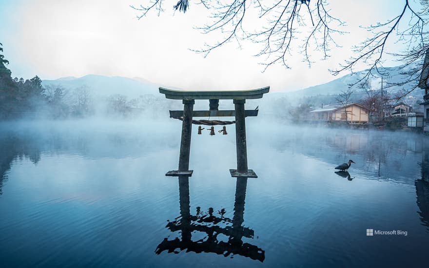 Torii gates at Lake Kinrin, Yufu City, Oita Prefecture